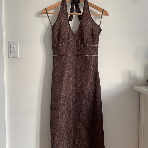 Vintage Brown Lace Halter Top Midi  Dress - Picture 2 of 9